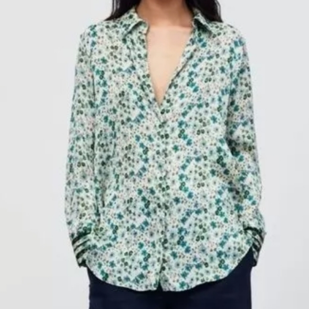 Zara Basic Green and Blue Floral Print Long Sleeve Button Down Blouse